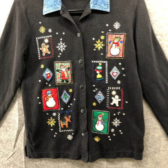 Vintage Ugly Christmas Sweater Cardigan Womens S / SP Black Collared Embroidered - Picture 3 of 8
